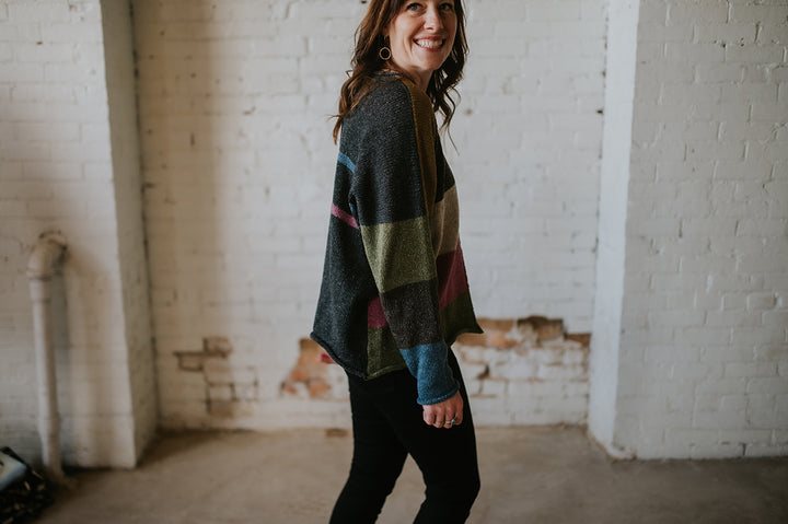 charcoal tweed sweater with stripes